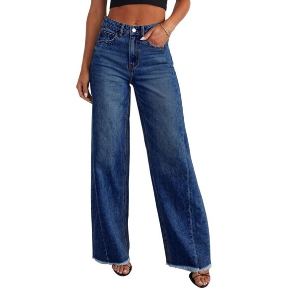 Pants - Women's Bluing Wide Leg High Waisted Stretchy Raw Hem Imported Denim Jeans